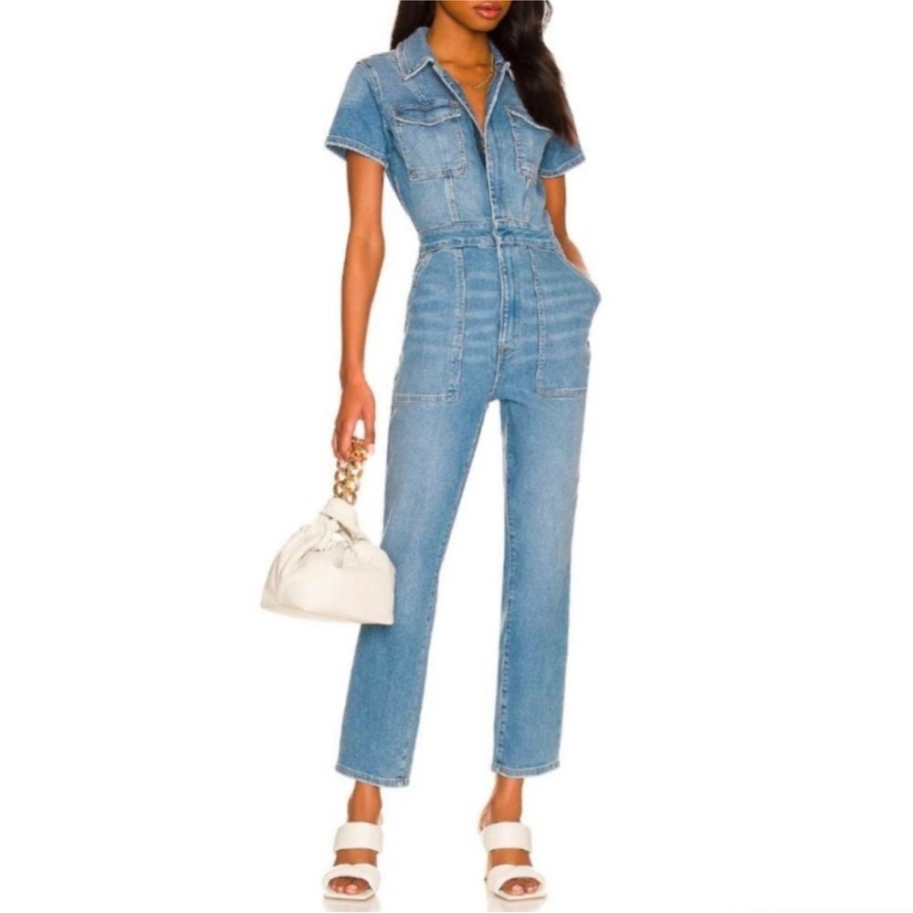 Good American Fit for Success Denim Jumpsuit Short Sleeve Straight Leg Sz 4/XL